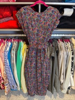 Vintage Sterling Silver metallic gray/multicolored floral ruched dress size 10